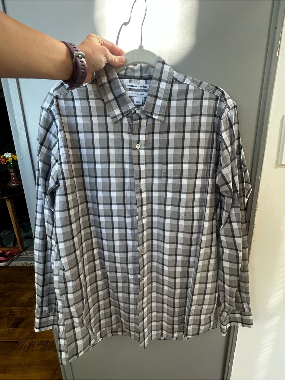 Amazon Essentials Men’s Gray and White Plaid Button-Down Shirt